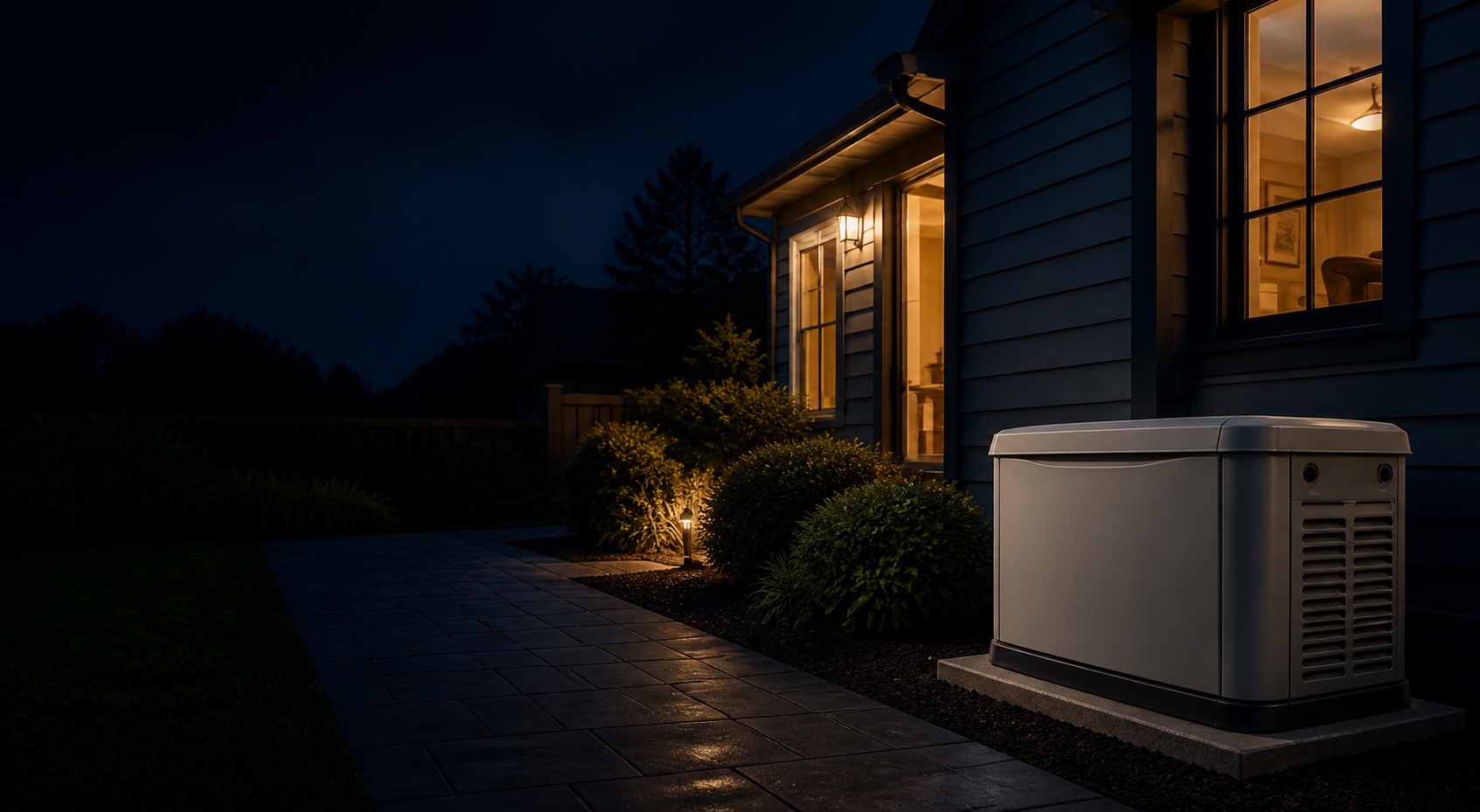 An illuminated home at night with a standby generator outside